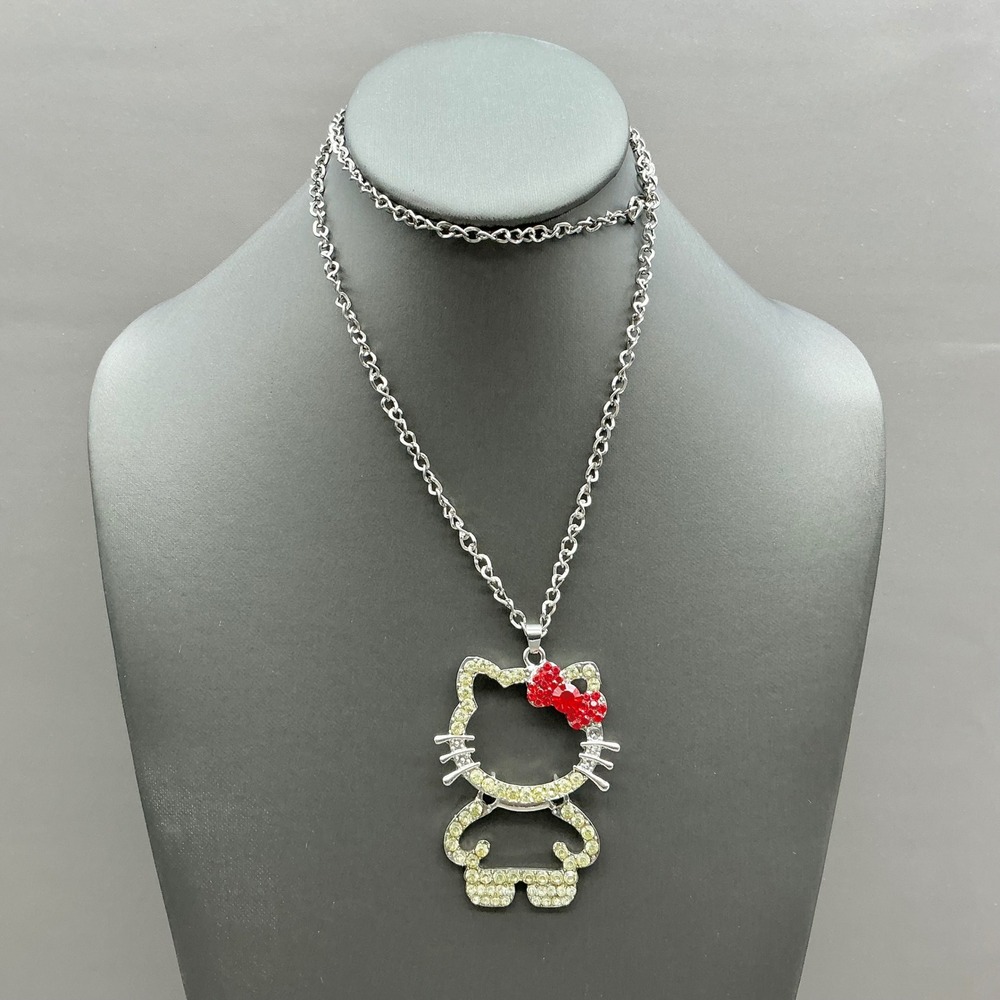 Hello Kitty Necklace Women Silver Red Yellow Rhinestone Crystal Character Jewel